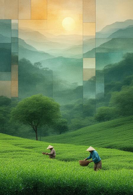 Imagine a serene Indian tea plantation nestled amongst rolling hills, reimagined as a Cubist stained-glass spectacle. Workers harvest tea leaves under the warm sunlight, their movements captured in fragmented planes. The landscape unfolds in layers of green and brown, punctuated by vibrant splashes of color from flowering shrubs. The color palette utilizes muted greens, earthy browns, soft yellows, and touches of crimson, conveying a sense of tranquility and abundance. Blend photorealistic details a the textures of the tea leaves, the details of the worker's faces, the reflections of the light a with the geometric abstraction of Cubism. The overall composition should convey a sense of peace, labor, and the natural beauty of the Indian landscape, deeply immersed in a dramatic interplay of light and shadow.
