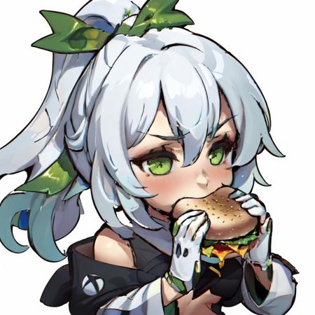 Highly detailed, High Quality, Masterpiece, beautiful, solo, 1girl, (chibi:1.2), white background, simple background, <lora:DarkCabalChibiStyle:1>, xbox-chan, ponytail, green hair ribbon, clothing cutout, stomach cutout, cape, gloves, <lora:Char_Meme_Xboxchan:0.9>, two-handed burger, eating, burger, holding huge burger with both hands, close-up, <lora:Pos_EatingHugeHamburger:0.9>