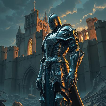 anime illustration of a man in shining knight's armor, full body view, standing in front of a ruined castle, dramatic lighting, detailed intricate armor design, fantasy, cinematic, highly detailed, by Yoshitaka Amano and Katsuya Terada, 4k resolution, epic composition