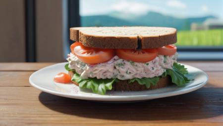 (mashed tuna salad) sandwhich with mayo sandwhich on rye bread in countryside train station cafe in the mountains, (Studio ghibli style, Art by Hayao Miyazaki:1.2), Anime Style, Manga Style, Hand drawn, cinematic, Sharp focus, humorous illustration, big depth of field, Masterpiece, concept art, trending on artstation, Vivid colors, Simplified style, trending on ArtStation, trending on CGSociety, Intricate, Vibrant colors, Soft Shading, Simplistic Features, Sharp Angles, Playful, award winning photograph + cinematic shot + photos taken by ARRI 65 + incredibly detailed, sharpen, details + professional lighting, photography lighting + 50mm, 80mm, 100m + lightroom gallery + behance photographys + unsplash, global illumination, epic award winning photograph (subsurface scattering:1.3), intracate details, ambient occlusion, global illumination, realism, hyper realistic, hyper detailed