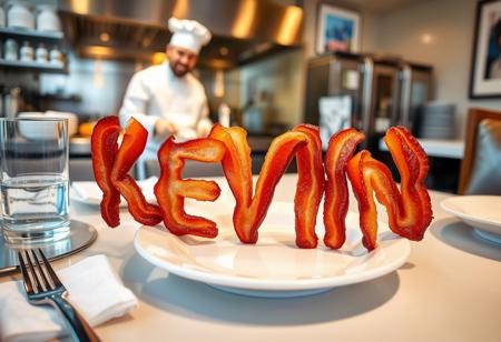 The name ‘KEVIN’ spelled out using crispy, golden-brown bacon strips, carefully arranged on a white ceramic plate. The plate sits on a restaurant table with a clean, stylish table setting—silverware, a napkin, and a glass of water nearby. In the background, a professional kitchen is visible, where Kevin the famous actor named as the meal, dressed as a chef in a classic white uniform and hat, is preparing more bacon with a confident smirk. The lighting is warm and inviting, capturing the delicious texture of the bacon and the lively restaurant atmosphere