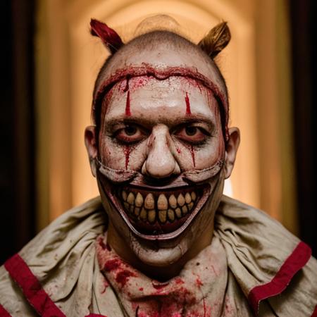 RAW photo, portrait,  tw1sty man, bloody mouth, bloody face, mask <lora:tw1sty-v5-000049:0.8>8k uhd, dslr, soft lighting, high quality, film grain, Fujifilm XT3, simple background