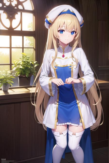 priestess, <lyco:priestess-lyco-nochekaiser:1>, 
priestess, blonde hair, blue eyes, long hair, hair between eyes, (small breast:1.2), smile,
BREAK boots, dress, frilled sleeves, frills, hat, white headwear, pelvic curtain, high heels, robe, thigh boots, thighhighs, white thighhighs, long sleeves, puffy sleeves,
BREAK looking at viewer,
BREAK indoors, church,
BREAK <lyco:GoodHands-beta2:1>, (masterpiece:1.2), best quality, high resolution, unity 8k wallpaper, (illustration:0.8), (beautiful detailed eyes:1.6), extremely detailed face, perfect lighting, extremely detailed CG, (perfect hands, perfect anatomy),