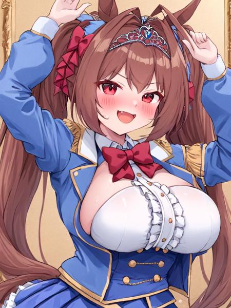 <lora:å¤§åèµ¤éª¥:1>,1girl, solo, long_hair, animal_ears, daiwa_scarlet_\(umamusume\), twintails, brown_hair, horse_ears, hair_intakes, tiara, smile, breasts, arm_up, very_long_hair, fang, epaulettes, open_mouth, red_eyes, bow, looking_at_viewer, underbust, large_breasts, horse_girl, :d, long_sleeves, skin_fang, puffy_sleeves, juliet_sleeves, bangs, jacket, skirt, bowtie, red_bow, upper_body, framed_breasts, white_shirt, blush, center_frills, blue_jacket, shirt, hair_bow, blue_skirt