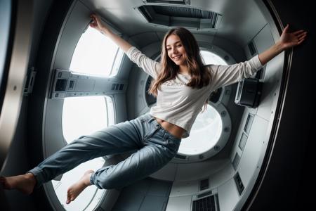 full body,photo of a 18 year old girl,floating in the air,in a spaceship,gravityless space,floating hair,happy,laughing,shirt,pants,ray tracing,detail shadow,shot on Fujifilm X-T4,85mm f1.2,depth of field,bokeh,motion blur,<lora:add_detail:1>,