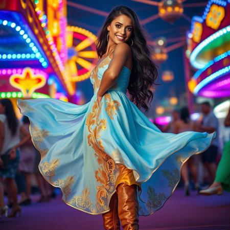 Imagine an exhilarating scene set in a bustling carnival at night, where neon lights cast a vibrant glow across the lively atmosphere. Amidst the sea of colors, Laneya Grace stands at the center of the action.
She wears a flowing, light-blue dress adorned with golden embroidery that glistens under the carnival lights. Her dress sways gracefully with her every movement, embodying both elegance and dynamism. She pairs the dress with gold-accented high-heeled boots that add to her commanding presence.
Her long, raven-black hair cascades down her back in loose waves, catching the light and creating a stunning contrast against her attire. Her eyes, wide with excitement, sparkle like the stars, reflecting the myriad of colors around her. A mischievous smile plays on her lips, suggesting a sense of adventure and joy as she takes in the vibrant surroundings.