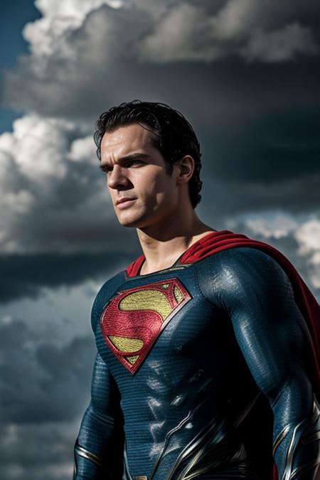 RAW photo, over the shoulder photo of [Superman] from the Man of Steel movie, as played by Henry Cavill, hovering in the clouds, heavy clouds, rain, storm, shadows, 8k uhd, high quality, film grain, Fujifilm XT3