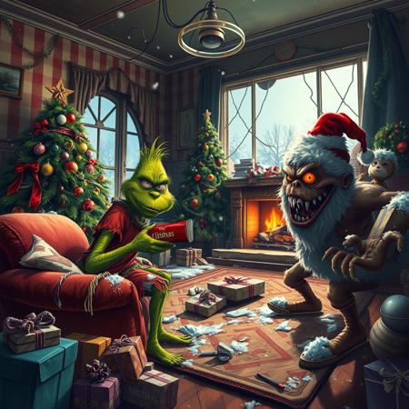 masterpiece,best quality,amazing quality, big colorful living room, broken christmas decorations, big broken christmas tree, broken window, broken sofa, destroyed gifts, messy, disorganized, cold air with snow enters through the broken window, unlit fireplace, a swinging spotlight hanging from the ceiling, 2 characters
grinch  scared hiding behind an armchair with dirty and torn clothes dirty face tired breathing deeply holding a candy bar as if it were a gun, big santa claus savage monster big fangs saliva dripping from mouth walking searching sniffing red eye hunched position
