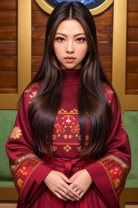 Picture, high quality, beautiful Koh_LilyMuniHe, wearing a red turtleneck kimono dress, long black hair, mythical culture, golden embroidery, inside of cozy hut, portrait, perfect face, perfect eyes, sharp focus, this image needs to pass the SFW check on Civit