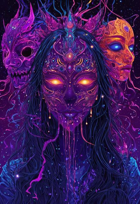 DB4RZ style painting(in Otomo Katsuhiro style:1.2), masterpiece, high-quality,aidmansfwunlock, masterpiece, neon splash art This is a digital artwork featuring a stylized covered in a constellation of glittering iridescent stars and cosmic particles surrealistic portrait of a humanoid figure set against a dark with a body that is predominantly dark almost liquid texture almost black gradient background transitioning from dark purple to black. The figure is rendered in a smooth giving it a celestial appearance.vibrant surreal colours fine art,Full shot of an abstract painting.  A character with hair flowing like liquid shadows, her face illuminated by a pair of otherworldly glowing eyes, surrounding her are floating monstrous masks with distorted expressions, each mask dripping with neon colors, Style is Horror-fantasy realism with intricate details, vibrant color contrast, eerie yet enchanting, (elaborate fine details:1.1), (hyperdetailed:1.1), (intricate details:1.0), (Refined details:1.1), (best quality:1.1), (high resolution:1.2), <lora:FLUX\Anime v1.3:0.6> <lora:FLUX\Elden_Ring_-_Yoshitaka_Amano:0.5> <lora:FLUX\RetroAnimeFluxV1:0.4> <lora:FLUX\Comic book V2:0.8> <lora:FLUX\PrismaticPersona:0.7>