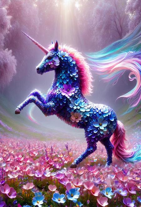 lazypos, (Masterpiece:1.2), Surrealistic pink unicorn its tail spreading into a brilliant display of purple foxgloves, galloping through a field of of wildflowers, light streams through airy fog, p1nk1r1fl0wers, made out of iridescent flower petals