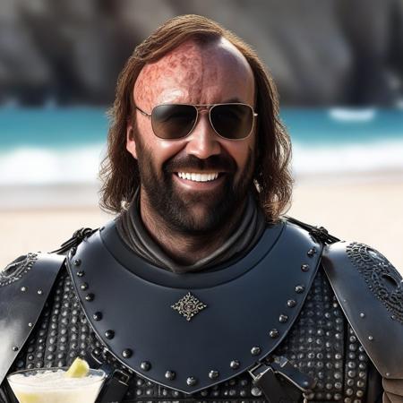 SandorClegane1024, sunglasses, smile, holding a cocktail on the beach, detailed eyes, photography, trending on artstation, sharp focus, studio photo, intricate details, highly detailed, by greg rutkowski   <lora:SandorClegane1024-000067:0.9>