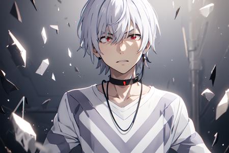 pha accelerator, 1boy, (red eyes:1.4),  accelerator (toaru majutsu no index), constricted pupils, white hair, shirt, solo, choker, striped shirt, striped, albino, earphones, pants, hair between eyes, short hair, collarbone, white shirt, crazy eyes, explosion, ruins,
(masterpiece:1.2, best quality), high contrast, ((cinematic light)), black light particles,(broken glass), portrait, upper body,
<lora:accelerator-v1-ph_16:1>