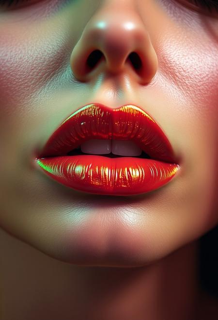 Vibrant,, great depth, ray tracing, professional photoshoot, glossy texture, green light,smooth finish,metallic finish, close up of Fashion model lips