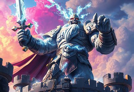 "A detailed, full-body portrait of a triumphant Elemental Thunder Giant standing on castle walls, sword in hand, against a vibrant, multi-colored backdrop. This 4K illustration showcases the giant's powerful physique, intricate armor, and expressive eyes, using sharp lines, vivid emotions, and a dynamic action pose to convey a joyful impact and powerful message. Created with Octane Render and Unreal Engine 5, this artwork is poised to trend on Artstation and CGSociety, with its stunning colors, balanced editing, and intentional focus capturing the viewer's attention."