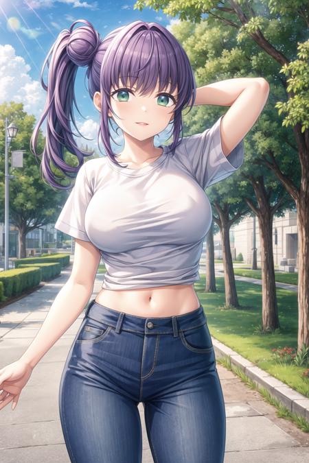 (masterpiece, best quality, ultra-detailed), (illustration), (beautiful detailed eyes), 1girl, solo,  otomune kozue, (cowboy shot:1.3), (purple hair:1.3), (side ponytail, side hair bun:1.5), green eyes, (long hair:1.5), <lora:KozueV2:0.55>, (mature face, parted lips, large hips, robust body, large breasts:1.2), BREAK (outdoors, greenary:1.1), BREAK (white t-shirt, short sleeves, stomach:1.2), BREAK looking at viewer, smile, (better hands, perfect hands, five fingers), (standing), (arms support:1.3),  <lora:add_detail:0.7>,