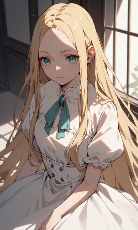 n1n4TE, blonde hair, long hair, cyan eyes, white dress