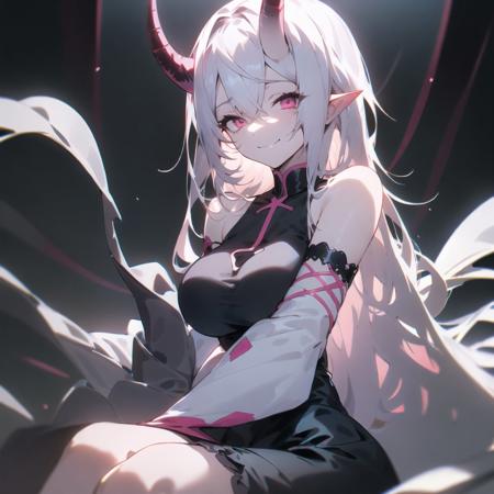 1girl, solo, long_hair, breasts, looking_at_viewer, evil smile, bangs, large_breasts, dress, hair_between_eyes, bare_shoulders, sitting, white_hair, detached_sleeves, horns, pointy_ears, pink_eyes, black_dress, strapless_dress, crossed_bangs, black_horns