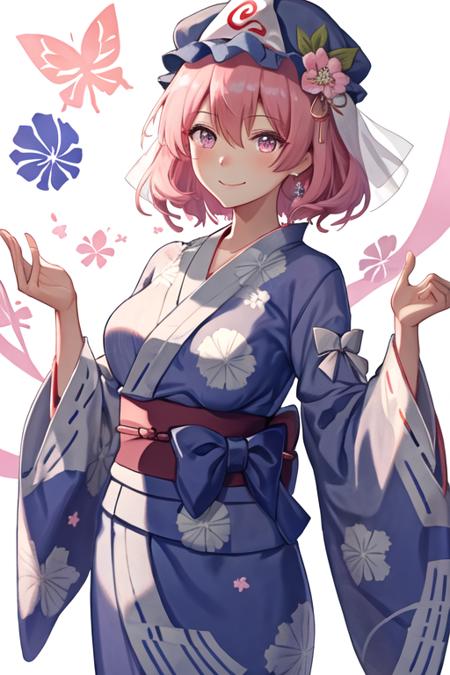 best quality, masterpiece, highres, solo, {yukata:1.40}, {kimono:1.20}, {saigyouji_yuyuko_touhou:1.15}, pink_hair, triangular_headpiece, hat, short_hair, pink_eyes, mob_cap, blue_headwear, bangs, smile, hair_between_eyes, upper_body, sash, breasts, ribbon