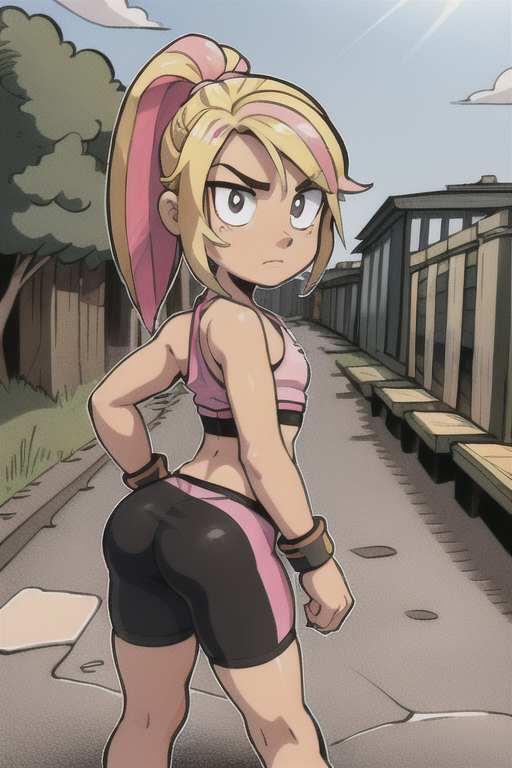 GameGirl , (blonde ponytail) with pink streak highlights, <lora:GameGirl:0.4>, 80's anime style, (flat chest),  thighs, hi...