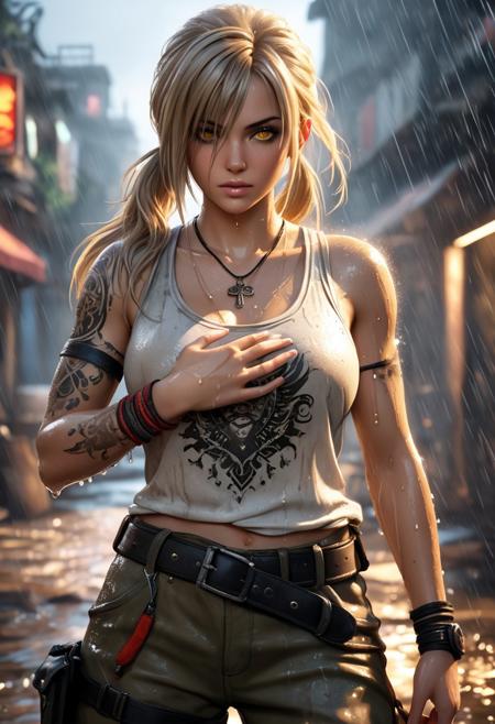 (realistic:2), (photorealistic:2),  volumetric lighting, raytracing, realistic reflection detail, backlighting,  hand on own chest, 
cinematic 3D render, Unreal Engine 5, extreme detail, female warrior in a dynamic pose, realistic skin texture, detailed clothing, vibrant and glowing background, exaggerated particles, rich color palette, high-contrast lighting, realistic shadows, immersive scene
beige hair, yellow eyes,  low twintails, dirty tank top slightly torn,    belt, cargo pants, large breasts, long bangs, hair over one eye,  amulet, arm tattoo, sweat, wet face, rain, wet hair, wet shirt, dirty face,