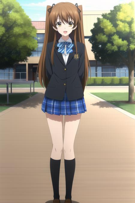 (masterpiece), high quality, highly detailed background, 1girl, solo,
<lora:WA2-Setsuno-v1-06:0.7>, ChopioSetsuno, looking at viewer,
brown hair, long hair, twintails, two side up, hair ribbon, brown eyes,
outfit_1, school uniform, blazer, long sleeves, bowtie, badge, white shirt, collared shirt, blue skirt, pleated skirt, plaid skirt, black kneehighs, brown footwear, loafers,
standing, smile, outdoors, sun, sun beams, leans flare, open mouth, happy,