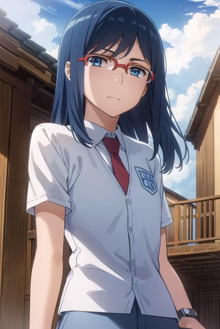 chirikotsurumi, <lora:chiriko tsurumi s1-lora-nochekaiser:1>,
chiriko tsurumi, long hair, blue eyes, blue hair, glasses, red-framed eyewear,
BREAK school uniform, necktie, watch, wristwatch,
BREAK outdoors, house, fields, grass, sky, sun, clouds,
BREAK looking at viewer, (cowboy shot:1.5),
BREAK <lyco:GoodHands-beta2:1>, (masterpiece:1.2), best quality, high resolution, unity 8k wallpaper, (illustration:0.8), (beautiful detailed eyes:1.6), extremely detailed face, perfect lighting, extremely detailed CG, (perfect hands, perfect anatomy),