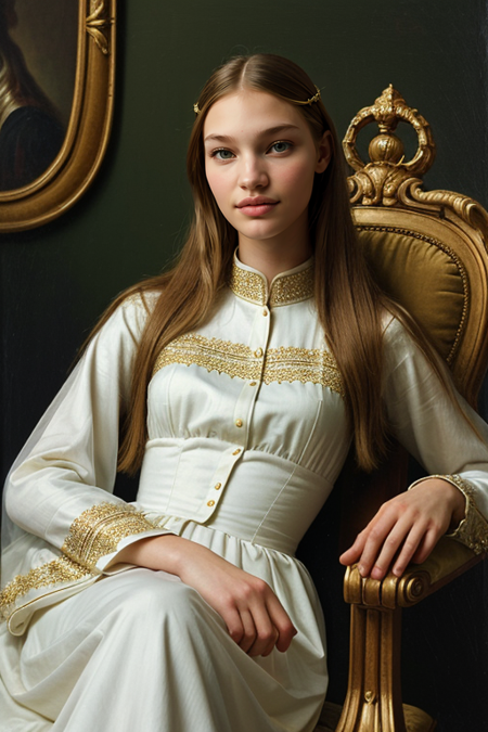 MeganDeshotel, ((22 years old)), photography by (David LaChappelle:1.3), seated on throne, Queen of France, modelshoot, pose, ((dress)), (closeup on upper body:1.3), Flemish masters, luxurious fabrics, silk, Versailles, French aristocracy, palace interior, 1782, large oil paintings on walls, portrait