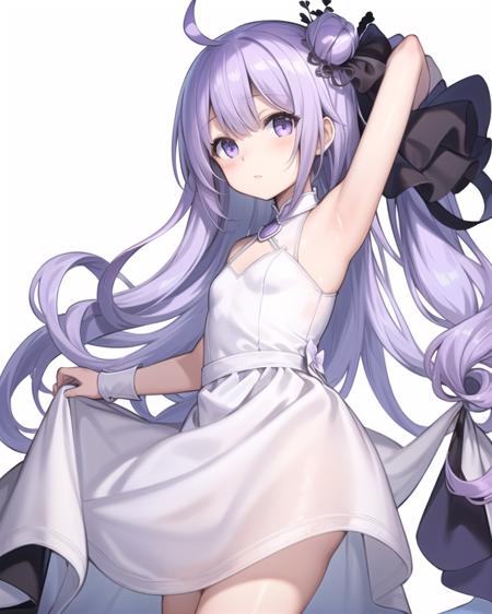 best quality,highly detailed,masterpiece,ultra-detailed,solo,1girl,(white background:1.5),(Delicate eyes),unicorn_\(azur_lane\),white dress,standing,purple_eyes,purple_hair,hair_bun,ahoge,