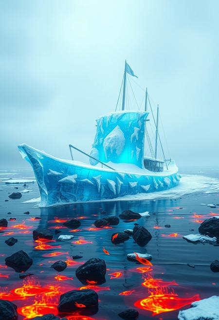 magma lake, heat, flames, lava, BLUE ICE ship, MELTING PARTS, The crew is a group of snowmen, a ship that is made out of ICE, the ship is forming out of a wavE OF STEAM very surrealistic in another universe, unrealistic, SAILING IN A SEA OF MAGMA, fire fishs jumping from the magma, rocks, melt