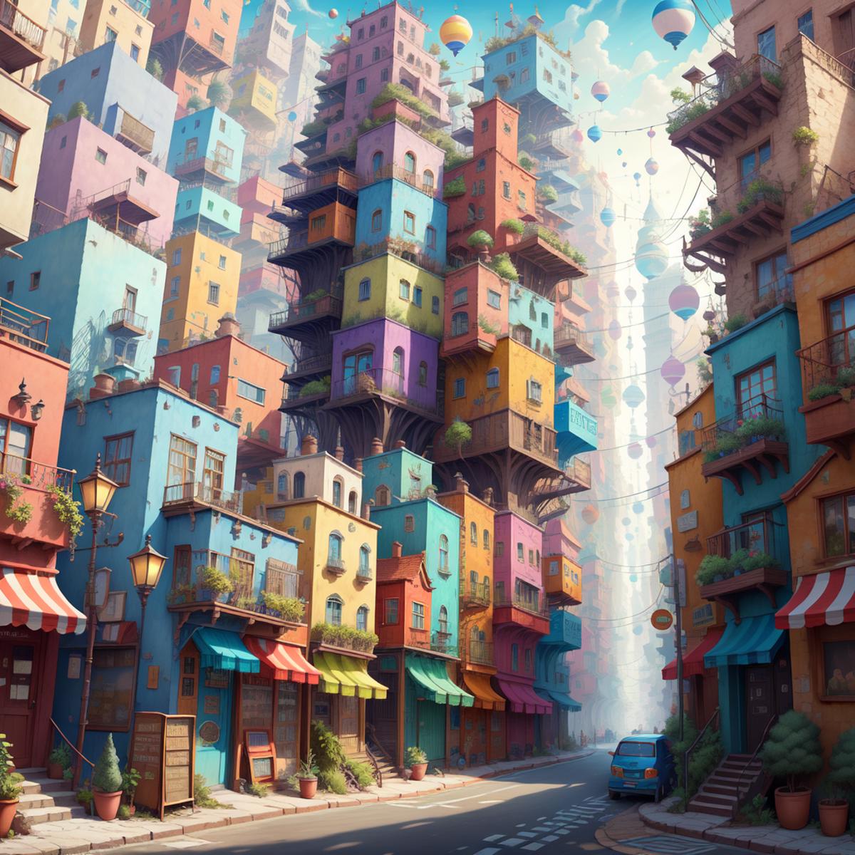 A colorful cartoonish cityscape with buildings and balloons.