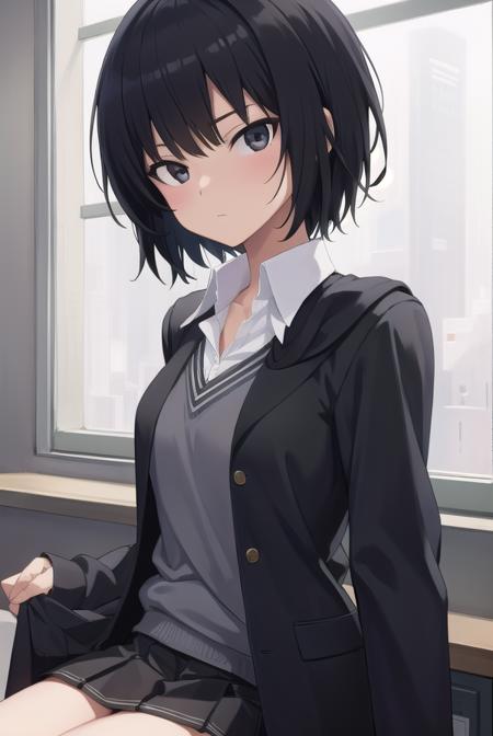 ainanasaki, <lora:ainanasakitest:1>, ai nanasaki, (black eyes:1.5), bob cut, short hair,
BREAK cardigan, kibito high school uniform, school uniform, skirt, sweater vest,
BREAK looking at viewer,
BREAK indoors, classroom,
BREAK <lora:GoodHands-vanilla:1>, (masterpiece:1.2), best quality, high resolution, unity 8k wallpaper, (illustration:0.8), (beautiful detailed eyes:1.6), extremely detailed face, perfect lighting, extremely detailed CG, (perfect hands, perfect anatomy),