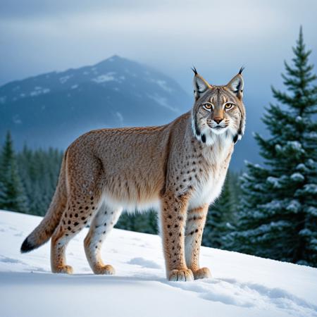 image is a high-resolution, 
Image is a digital photograph featuring a majestic lynx, 
standing in a snowy landscape. walking directly towards the viewer in a dense, 
misty forest. The lynx’s eyes are piercing and focused, 
creating a mysterious and atmospheric setting. The background showcases a vast, 
open field covered in snow, 
with distant mountains under a partly cloudy sky.