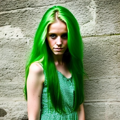 youth European woman in simple summer dress with green hair, very long hair, hairstyle, simple background