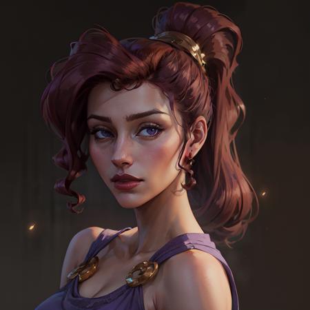 1girl, portrait of beautiful megara, bare shoulders, long purple dress, looking at viewer, volumetric lighting, best quality, masterpiece, realistic  <lora:sxz-megara-allnew:0.8>