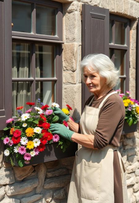 A gentle looking old lady tending to her flowers in her windows box. On a sunny day in northern italy, this older lady is wearing fashionable every day clothes, her wavy white hair loosely tied, she wears green gloves and an apron. She stands outside by the windows of her stone house. She is delicately tending to her flower window box full of pretty colorful flowers. A perfect calm atmosphere for a delicious day.