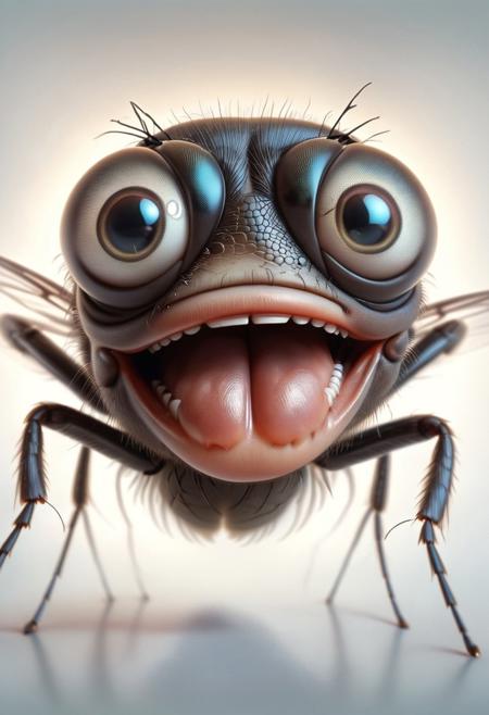 High Quality funny cartoonish,,portrait Beautiful picture of A painting of a fly (close-up) (Smile)  Big eyes, surprised, Mouth open,  haze lighting, 16k, uhd, masterpiece,zhibi, Fisheye camera, top focus