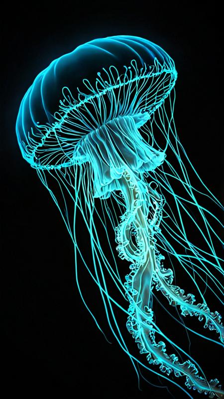 novuschroma70 style neon Jellyfish fractal, A single light blue jellyfish floats gracefully in the pitch-black depths of the ocean, its delicate long tentacles trailing behind it like an intricate lace. A dramatic and unusual scene. A world of beauty. Vintage style with retro filter. Toning effects for Instagram, breathtaking photos.<lora:novuschroma70 style_:1>
