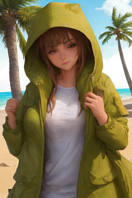 1girl on a beach, palm trees in the backdrop, well lit