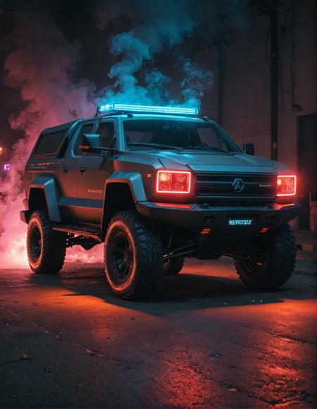 masterpiece, best quality, a cybertruck, Neon, Smoke, Volume Lights,