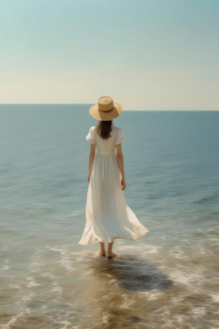 <lora:Director Yorgos Lanthimos style:1>Director Yorgos Lanthimos style - A solitary girl standingthe sea. She is dressed in a white dress and wearing a straw hat. Behind her, the vast sea spreads out, and you can almost hear the sound of the waves. This scene is captured under the summer sun, with natural light overflowing around the girl. The colors emphasize the natural hues of the white dress and straw hat, as well as the contrast between the blue sea and sky. The shot is composed using a high-resolution 16K wide-angle lens, including both the girl and the background sea.