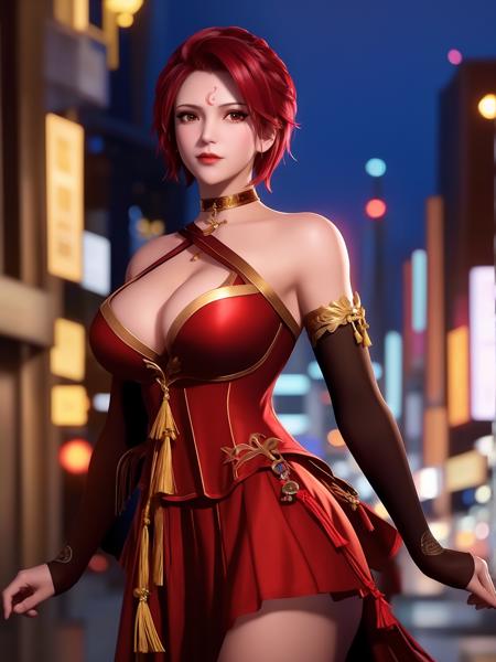 <lora:DLDLhuowu_20230728185842:0.75>,1girl,mature female,cityscape,night,looking at viewer, bare shoulders, short hair, dress,jewelry, facial mark, forehead mark, cleavage, elbow gloves, detached sleeves, choker,strap,cowboy shot, skirt,tassel,