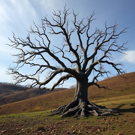 a massive dead cherry tree in the middle of a hill, unique shape, asymmetrical, bad weather