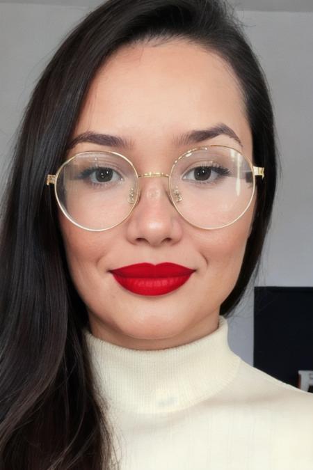 Portrait photo of beautiful jul13tt3 woman, detailed face slight smile, (blurred background)+, light yellow turtleneck blouse, glasses, makeup, red lipstick