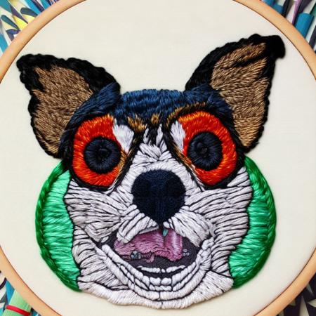 chiwawa dog with bulging  crazy psycho eyes,  embroidery by embarg