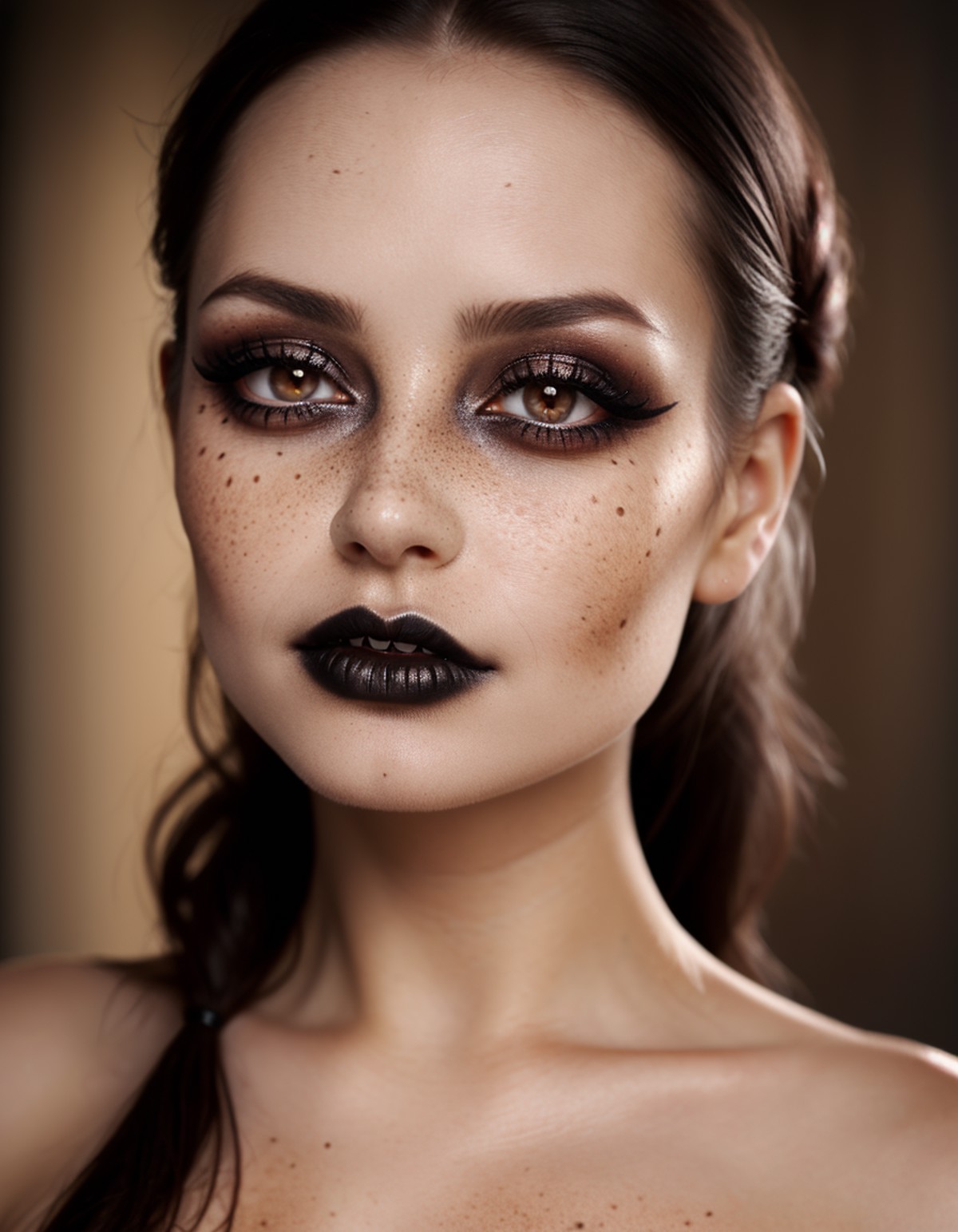 close-up shot, woman, gothic make-up, detailed skin, light freckles, shallow depth of field