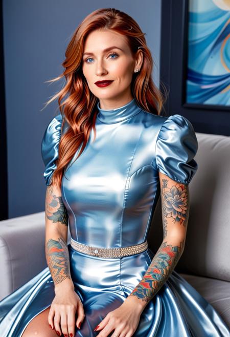 made of l1qu1dp34rl, metal, pearlescent, (silver), score_9, score_8_up, score_7_up, score_6_up, score_5_up, score_4_up, add-detail-xl, UHD, 8K, masterpiece, detailed, ultra_high_resolution, lots of detail, OverallDetailXL, detailxl, regalres, Masterpiece, 32k, photorealistic:1.4, (small waist:1.8), fitness body, toned muscles, wide hips, slender legs, 27 years old, mature female, milf, makeup, dark red lips, (slender:1.6), pretty face, jewelry, solo, (natural blue eyes), mature female, motherly, milf, cinematic film still, gentle smile, cinematic composition, soft shadows, atmospheric haze, Film grain, shallow depth of field, highly detailed, sitting, masterpiece, best quality, long silver pearlescent dress, fully dressed, ginger, wrinkles, jewelry, long hair, 1girl, colorful tattoo on the  left under arm, puffy medium sleeves, high neck closure, fully dressed, made of l1qu1dp34rl golden pearlescent living room.