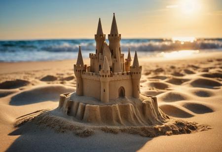 digital art, 
professional photo: a small handmade sand castle stands on the seashore, 
waves wash it away, 
dawn. the sun's rays play, 
fall on the castle, 
play of light and shadow, 
splashes, 
sun glare, 
close-up, 
hyperrealistic, 
HDR