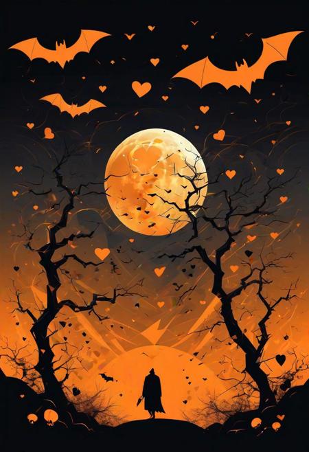 Black and orange silhouette vector art, (Noir art style:1.3), Dramatic composition, Sweeping light, (Skulls and hearts:1.2), Geometric patterns, Sinister bats, (Lunar backdrop:1.2), Ghostly figure in the distance, (Dynamic energy:1.2), Haunting atmosphere.