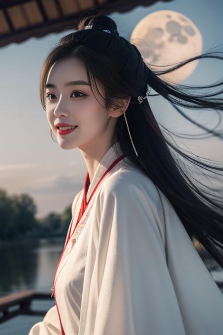 ltra-detailed,highly detailed,best quality,masterpiece,illustration,realistic,photorealistic,
hanfu, 1girl, solo,
upper body, looking at viewer, smile,
outdoors,sky, day, cloud, night,moon,wind, floating hair, floating clothes,
<lora:white hanfu_v1_01:0.7>